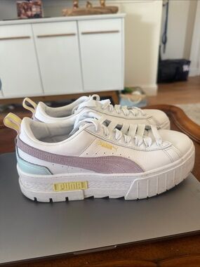 Puma White Platform Sneakers with Lavender, Mint and Yellow Accents